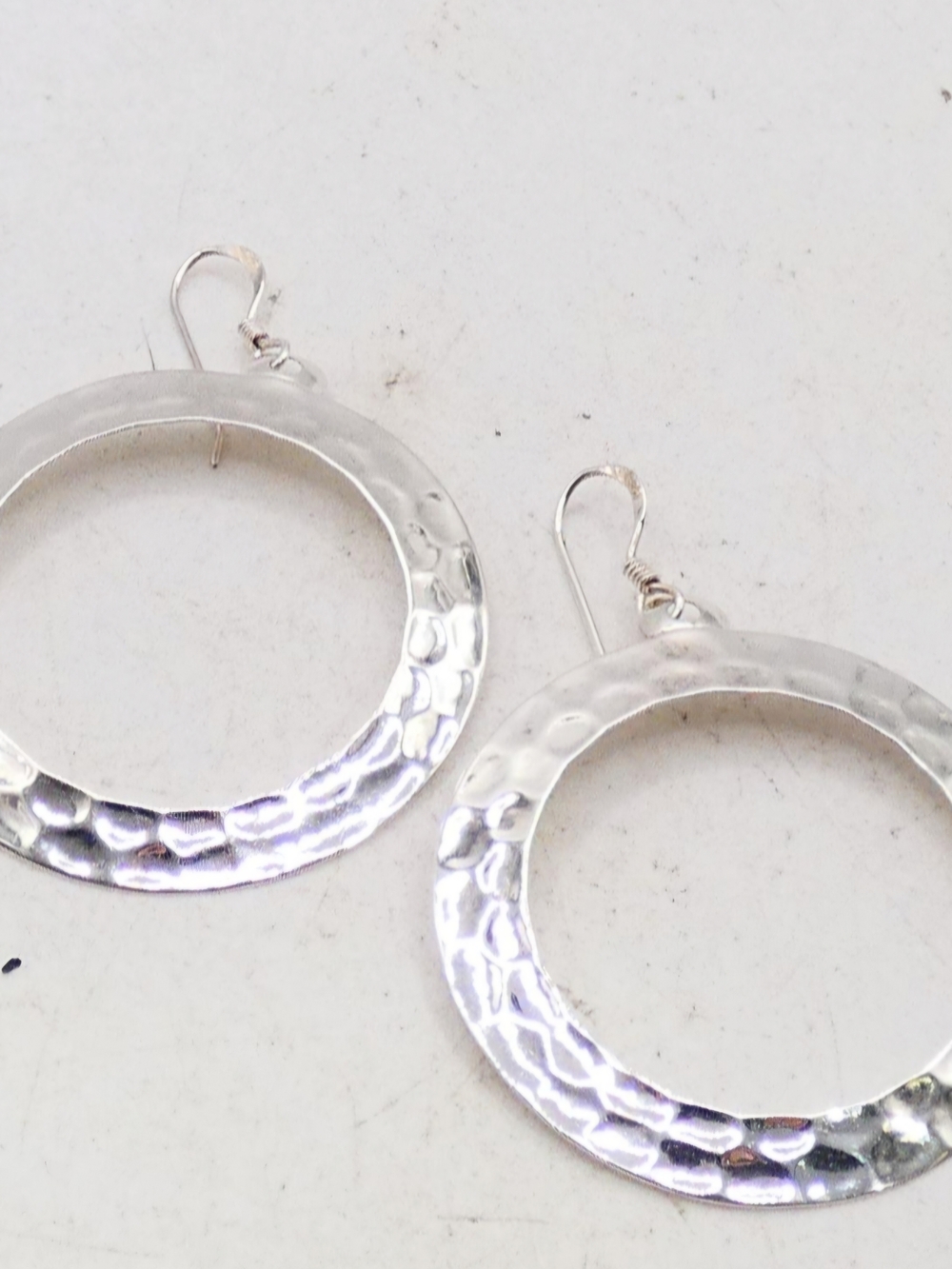N 925 Thailand Sterling Silver Hammered Open Round Hoop 2" Earrings